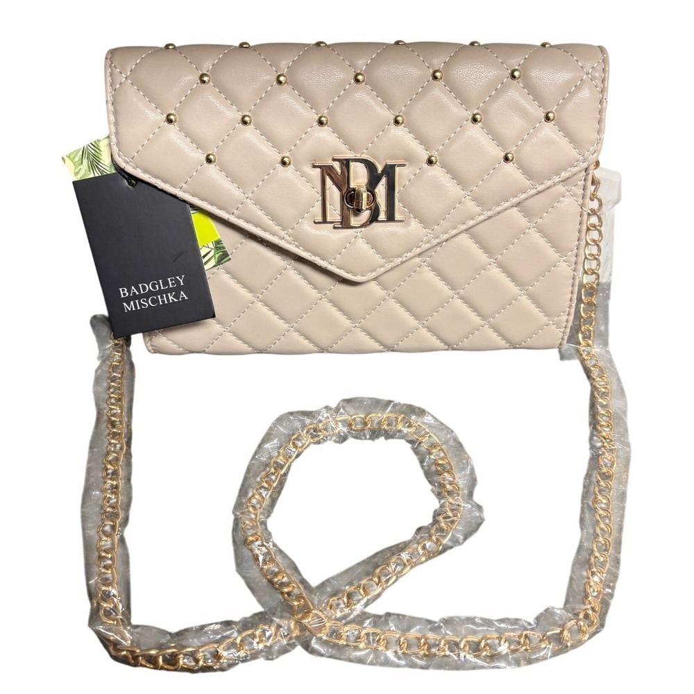 Badgley Mischka Off White Quilted Crossbody Bag with Gold Studs BM-4181